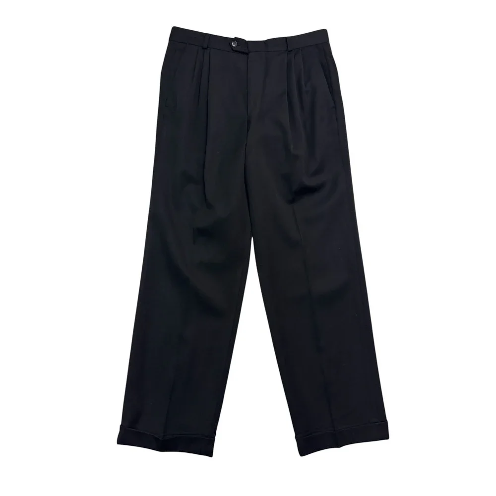 vtg 90s Black Double Breasted 38S 34x30 2pc Pant Suit Wool Pleated Cuffed